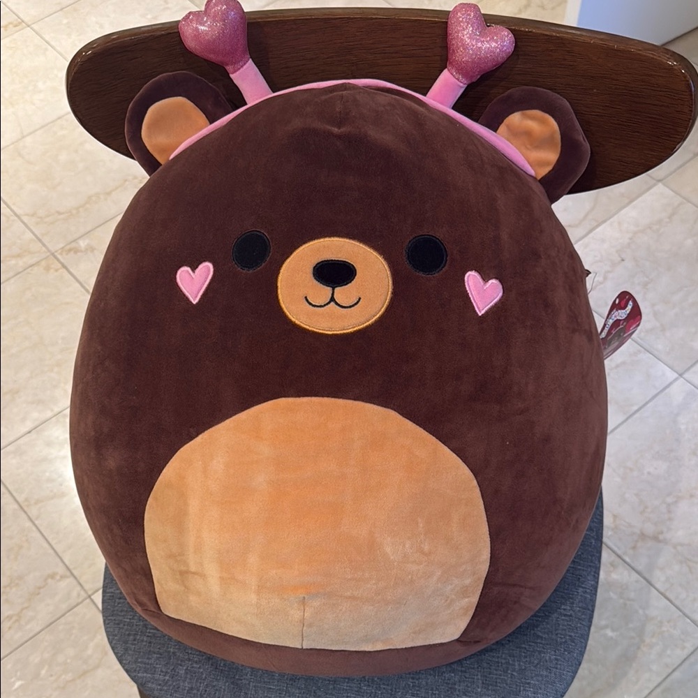 Brown Bear Plush Pillow with Pink Accents